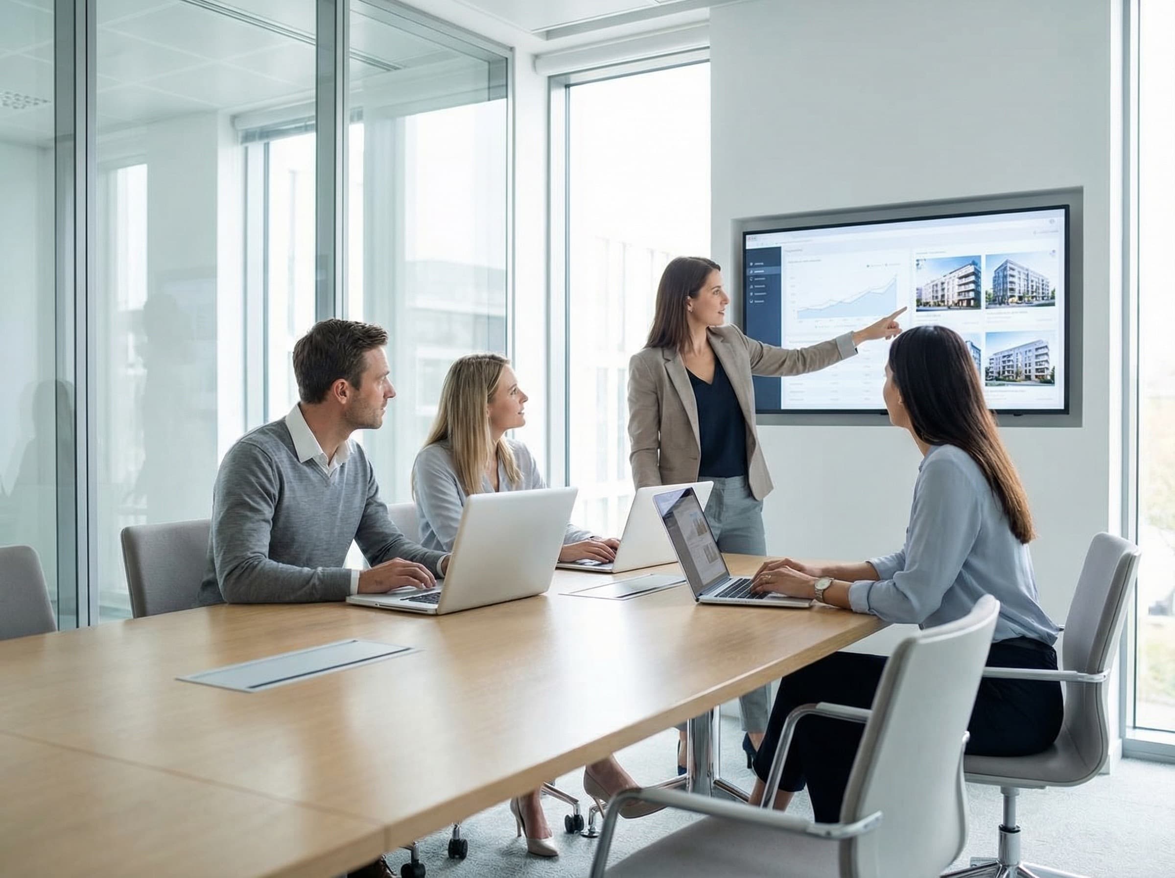 Financial advisory team reviewing a portfolio dashboard of residential properties with clean charts and city context.